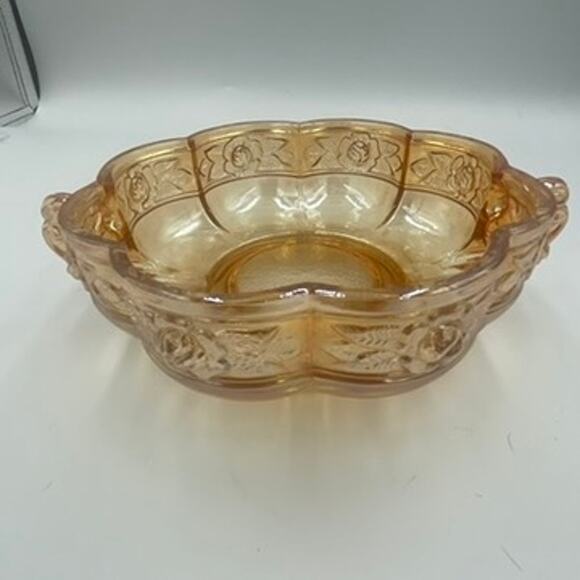 Vintage Jeannette Iridescent Aztec Rose Design Double Handle Dish Carnival - Picture 1 of 5